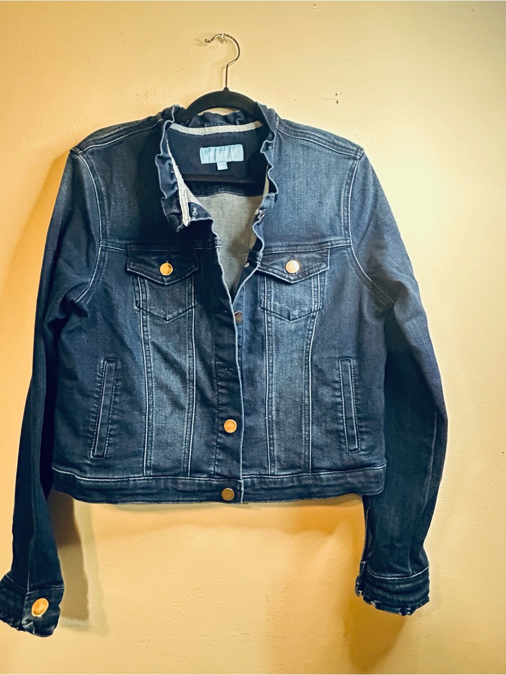 Draper James Dark Wash Denim Jacket with Ruffle Collar